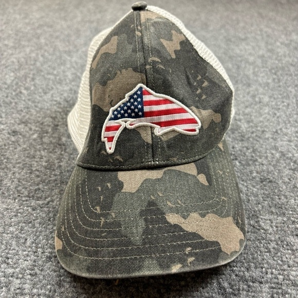 SIMMS Camo American flag Fish Trucker Baseball Cap SnapBack Hat One Size fits - Picture 1 of 8